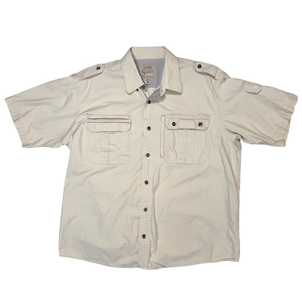 Cabelas Safari Shirt Mens Khaki Hunting Outdoor Utility Button Down Size L